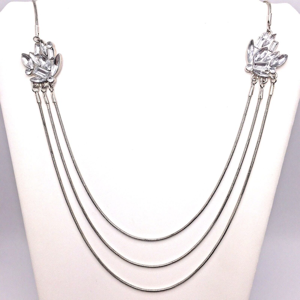 Prabal Gurung Crystal Flower Multi Strand Silver Tone Necklace Snake Chain